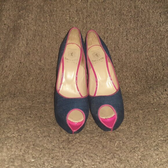 TACCETTI-Denim & Pink Patent-Peep Toe-Stiletto/Slim-Platform-Sz 37.5-Excellent - Picture 3 of 8